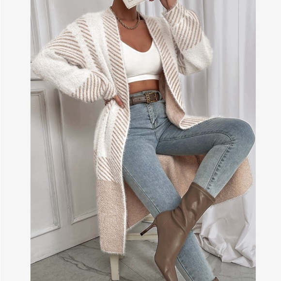 Oversized Color Block Stripes Fuzzy Open Front Duster Sweater Cardigan - Picture 2 of 10